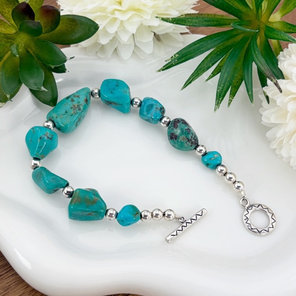 Vintage Sterling Silver 925 Turquoise Nugget Bracelet Boho Southwest Style - Picture 4 of 11